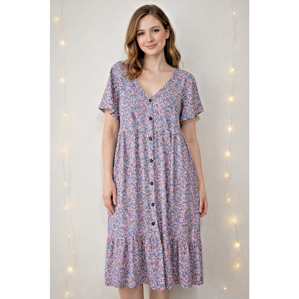 J. JILL Cotton Blend Button Front Ruffle Short Sleeve Knee-Length Dress L Floral